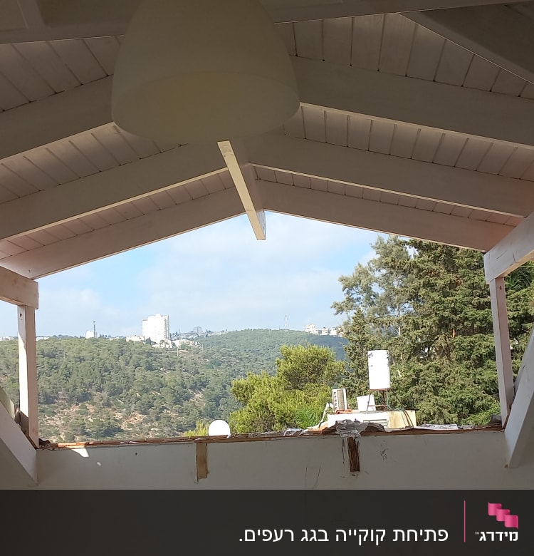 גג עץ משופע עם קורות לבנות ותקרה פתוחה